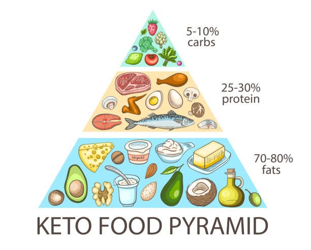 Ketogenic diet food pyramid. Carbohydrate, protein and fats balance infographics. Healthy food concept. Vector illustration.