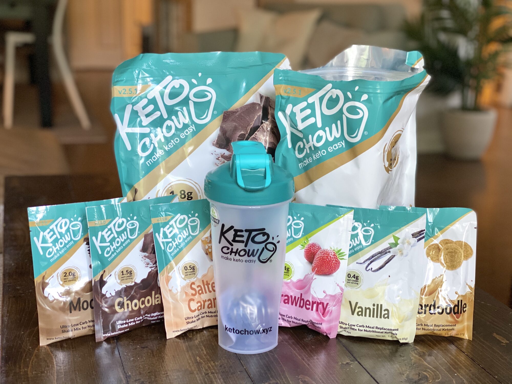 A whole package of Keto Chow milkshake packages with the milkshake shaker.